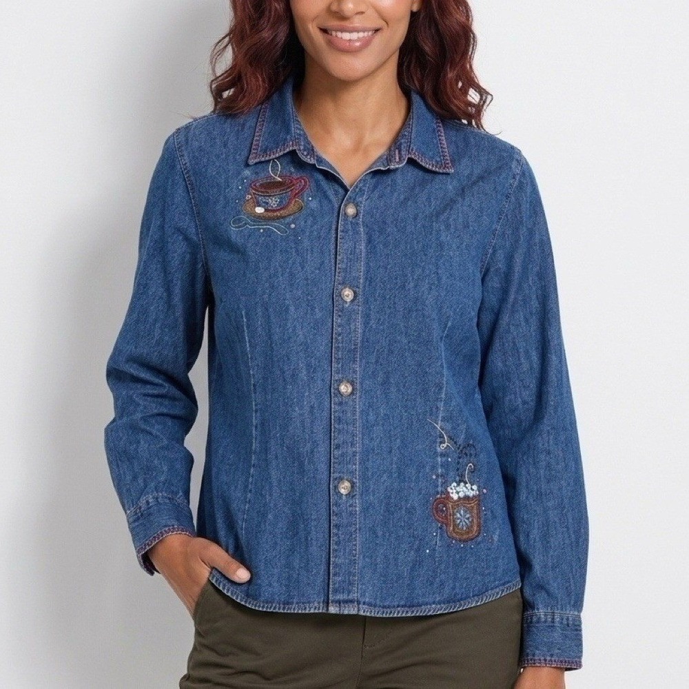 Christopher & Banks Denim Shirt XL Women Blue Cottage Core Coffee Embroidered - Picture 9 of 10